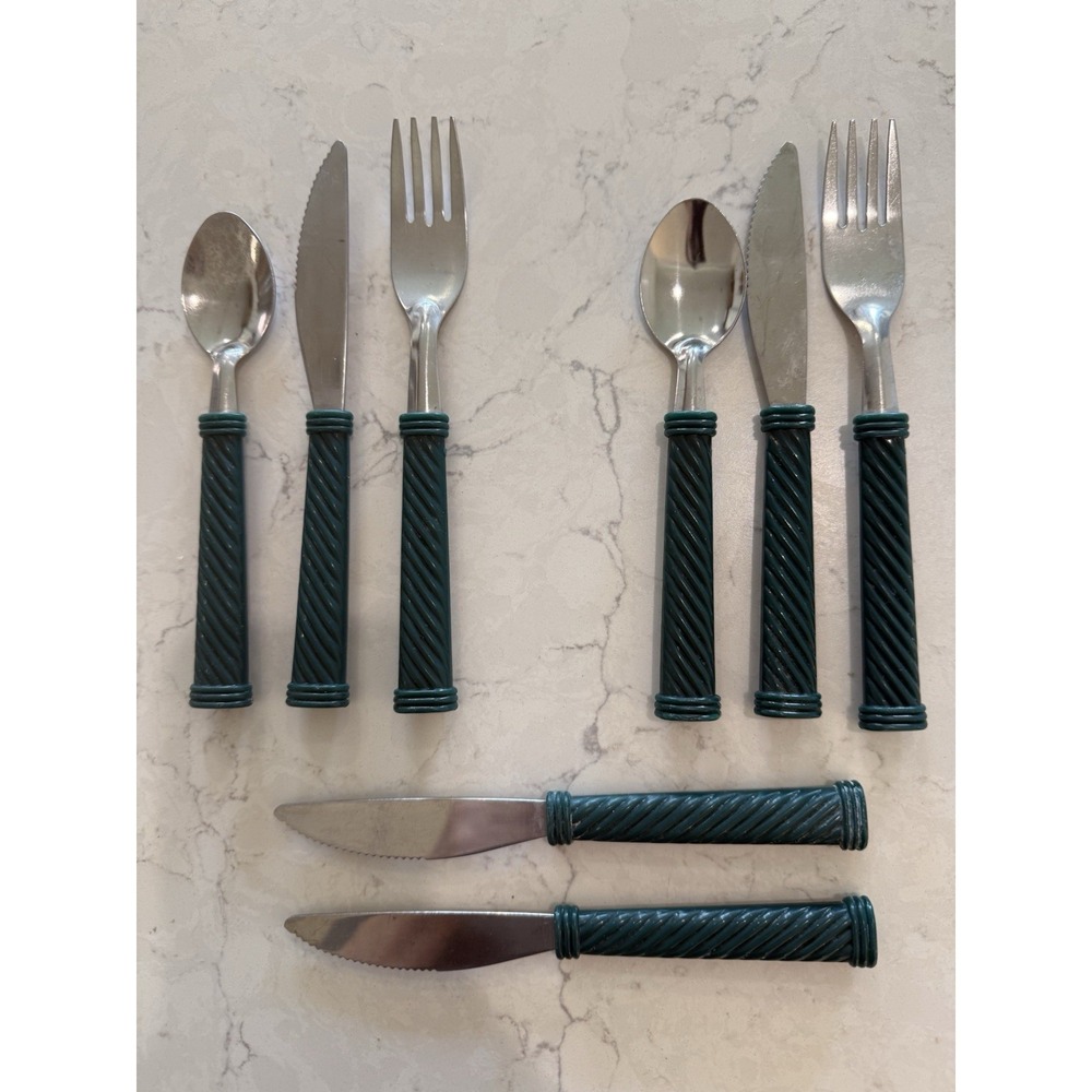 2 place settings VTG Gibson Picnic Green Handle Stainless Flatware + 2 Knives